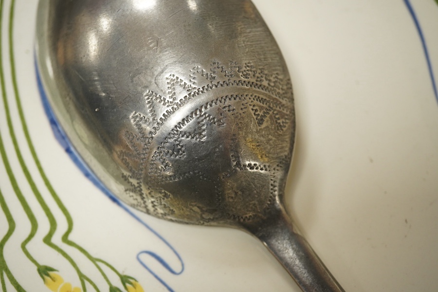 A WMF pewter and ceramic tray with a Norwegian “Askvoll Brug AS” pewter basting spoon, largest 51cm. Condition - fair to good